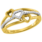 10kt Yellow Gold Womens Round Diamond Double Heart Striped Band Ring 1/10 Cttw