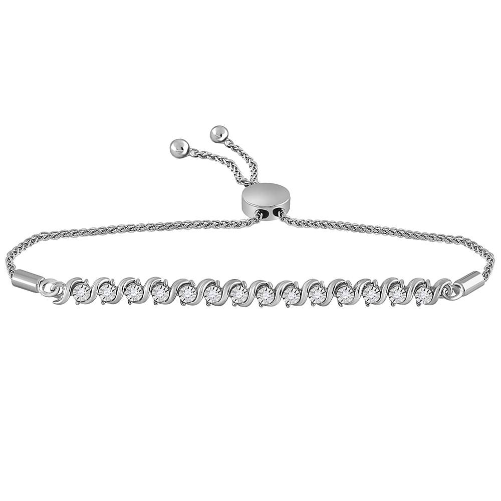 10kt White Gold Womens Round Pave-set Diamond Single Row Bolo Bracelet 1/2 Cttw