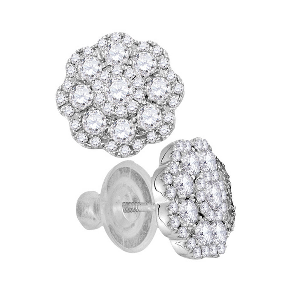 14kt White Gold Womens Round Diamond Cluster Earrings 1.00 Cttw