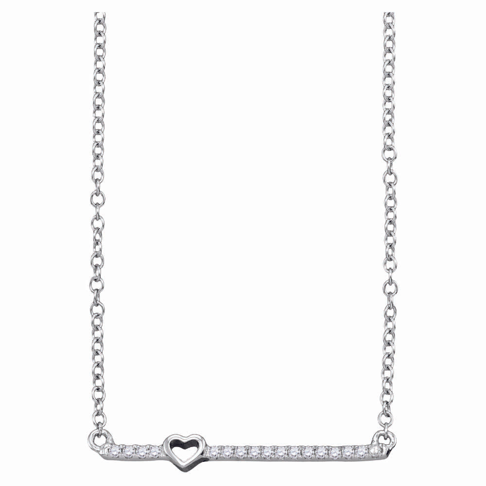 10kt White Gold Womens Round Diamond Heart Bar Pendant Chain Necklace 1/10 Cttw