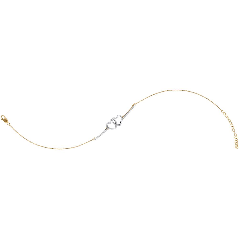 10kt Yellow Gold Womens Round Diamond Double Linked Heart Bracelet 1/5 Cttw