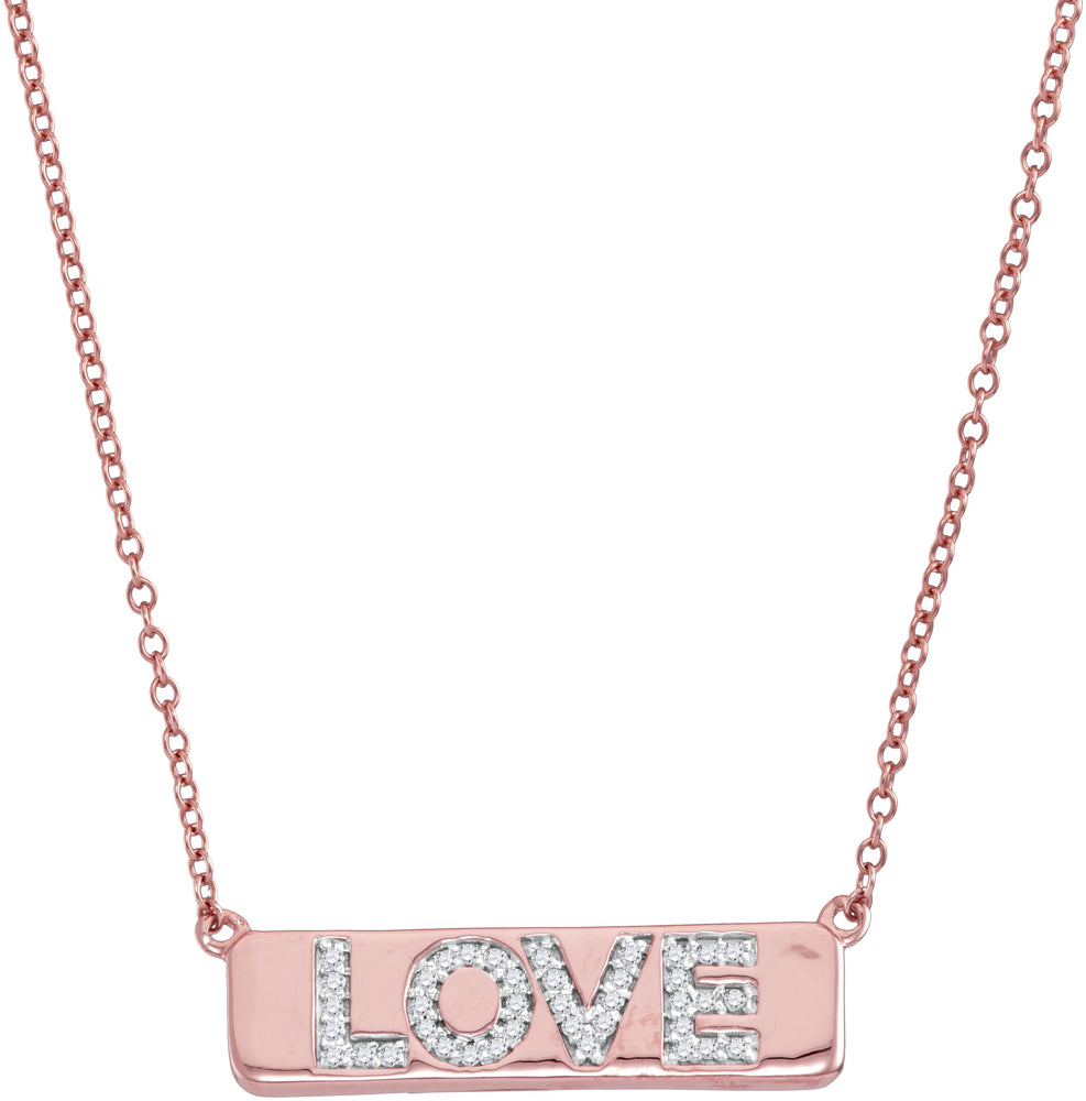 10kt Rose Gold Womens Round Diamond Pink Love Bar Pendant Necklace with 18" Chain 1/8 Cttw