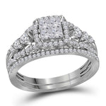 14kt White Gold Womens Princess Diamond Cluster Bridal Wedding Engagement Ring Band Set 1.00 Cttw