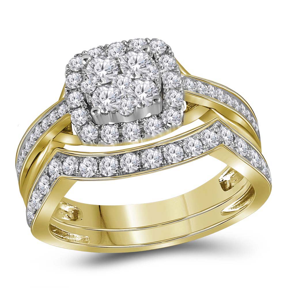 14kt Yellow Gold Womens Round Diamond Cluster Bridal Wedding Engagement Ring Band Set 1.00 Cttw