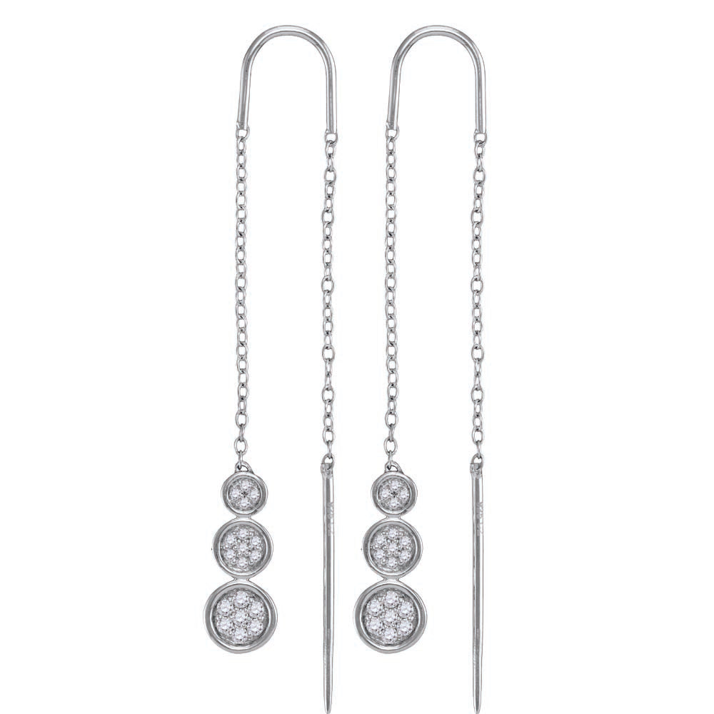 10kt White Gold Womens Round Diamond Triple Circle Cluster Threader Earrings 1/8 Cttw