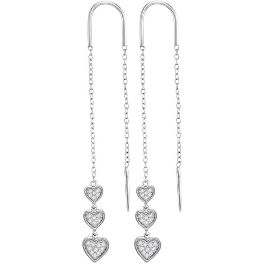 10kt White Gold Womens Round Diamond Triple Dangling Heart Threader Earrings 1/5 Cttw