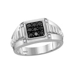 10kt White Gold Mens Round Black Color Enhanced Diamond Square Cluster Ribbed Shank Ring 1/2 Cttw