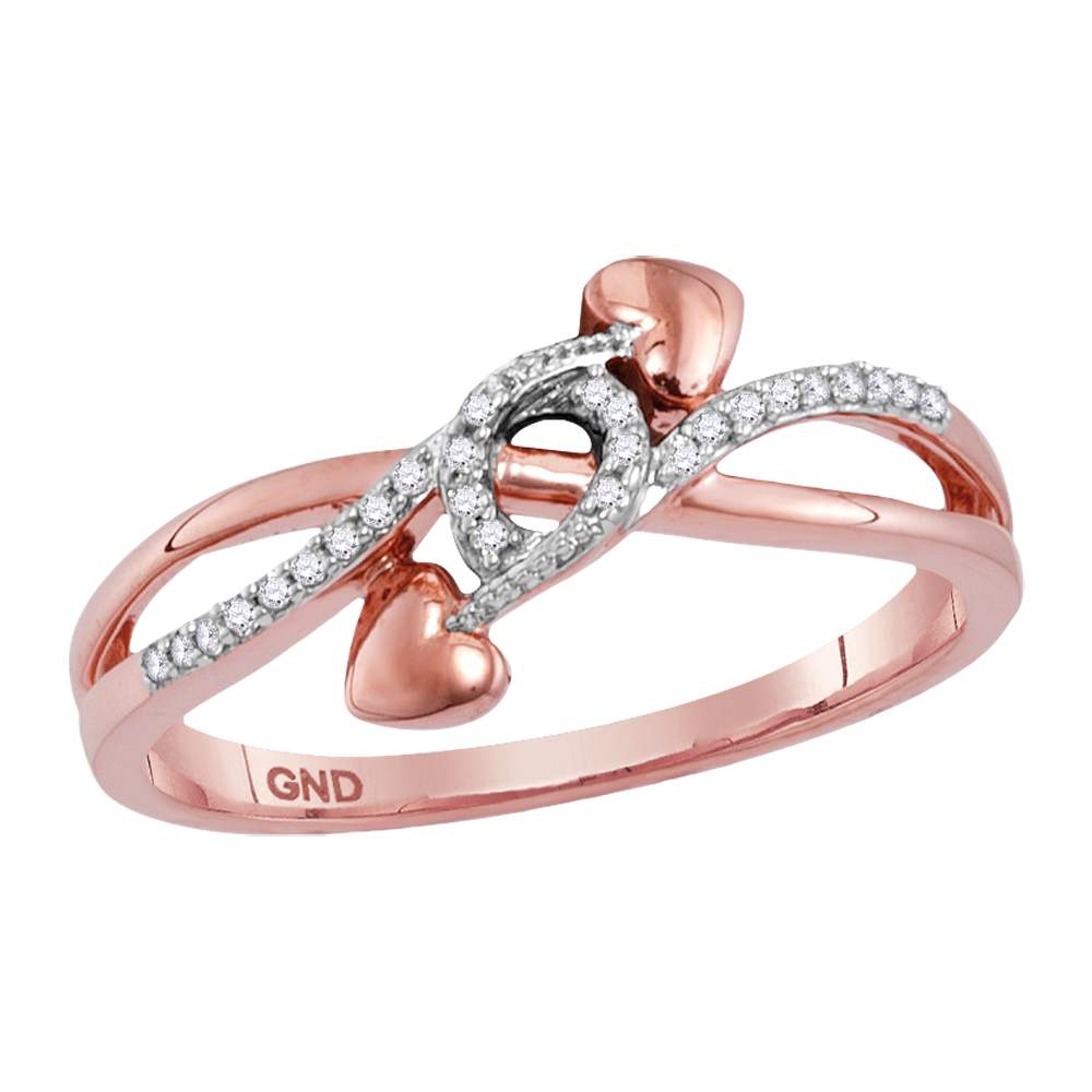 10kt Rose Gold Womens Round Diamond Double Heart Crossover Band Ring 1/12 Cttw