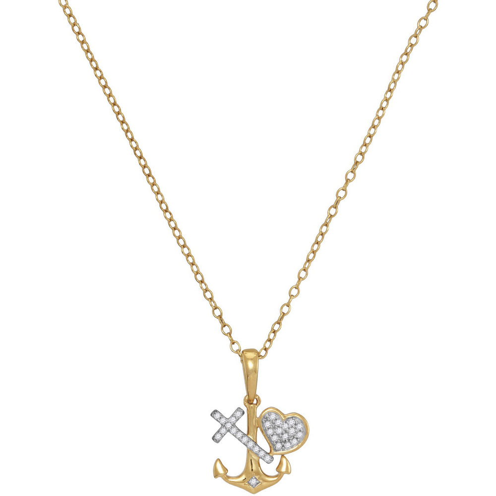 10kt Yellow Gold Womens Round Diamond Heart Cross Anchor Pendant Necklace 1/12 Cttw