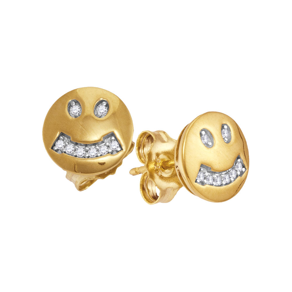10kt Yellow Gold Womens Round Diamond Smiley Face Screwback Earrings 1/20 Cttw