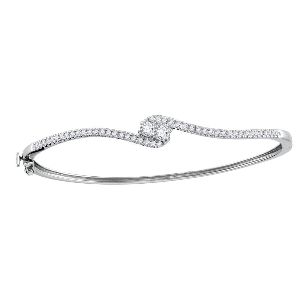 14kt White Gold Womens Round Diamond 2-stone Bypass Bangle Bracelet 3/4 Cttw