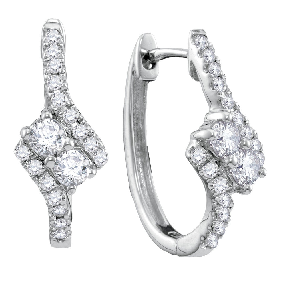14kt White Gold Womens Round Diamond 2-stone Hearts Together Bypass Hoop Earrings 1/2 Cttw