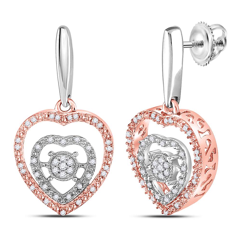 Sterling Silver Womens Round Diamond Rose-tone Heart Dangle Earrings 1/4 Cttw