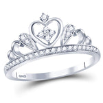 Sterling Silver Womens Round Diamond Crown Tiara Heart Ring 1/6 Cttw
