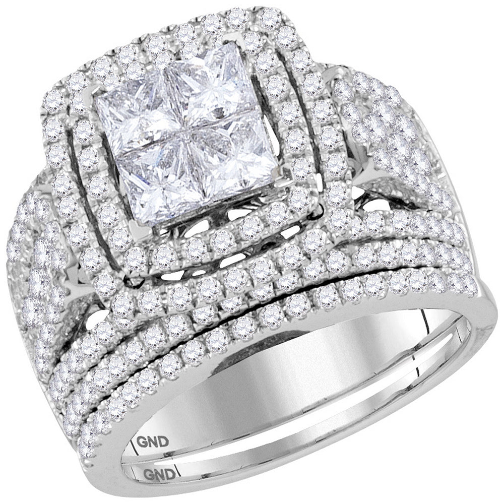 14kt White Gold Womens Princess Diamond Cluster Halo Bridal Wedding Engagement Ring Band Set 3.00 Cttw