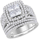 14kt White Gold Womens Princess Diamond Cluster Halo Bridal Wedding Engagement Ring Band Set 3.00 Cttw