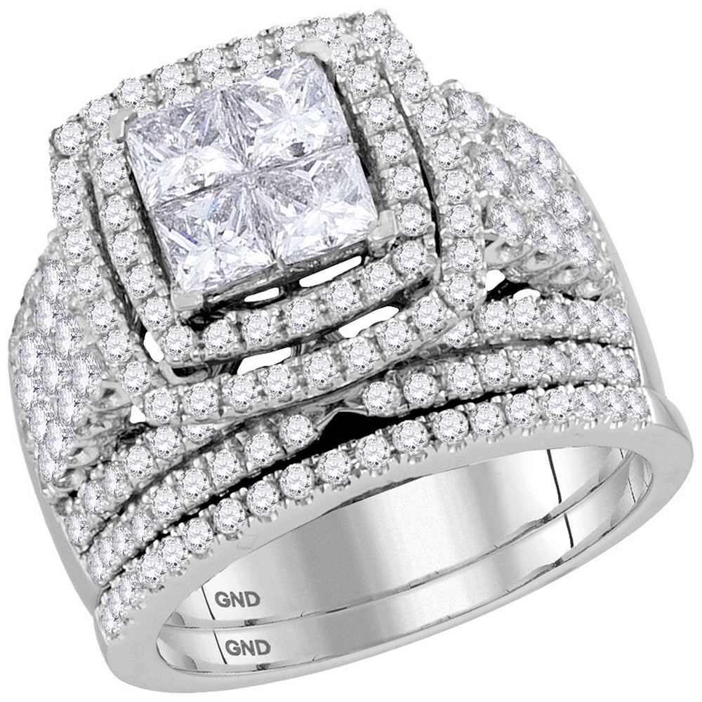 14kt White Gold Womens Princess Diamond Halo Bridal Wedding Engagement Ring Band Set 3.00 Cttw