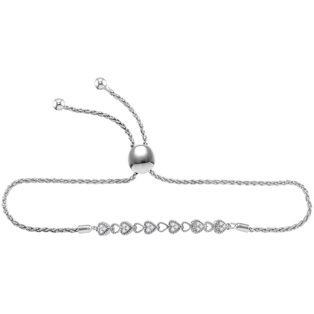 Sterling Silver Womens Round Diamond Heart Bolo Bracelet 1/10 Cttw