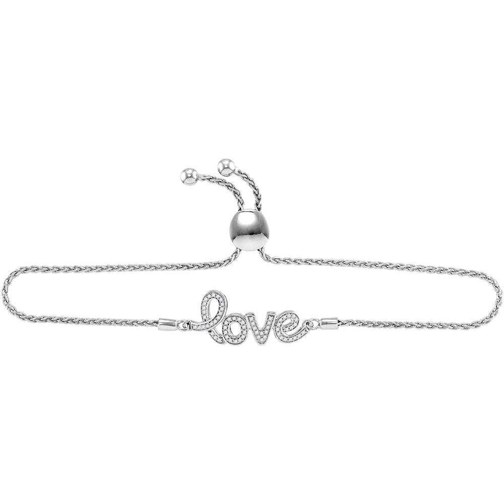 Sterling Silver Womens Round Diamond Love Word Bolo Adjustable Bracelet  Cttw