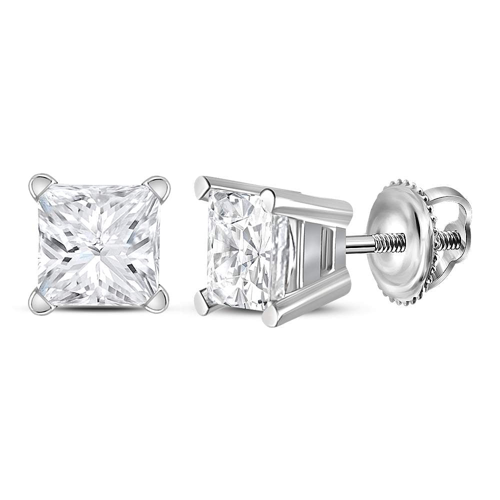 14kt White Gold Unisex Princess Diamond Solitaire Stud Earrings 1.00 Cttw