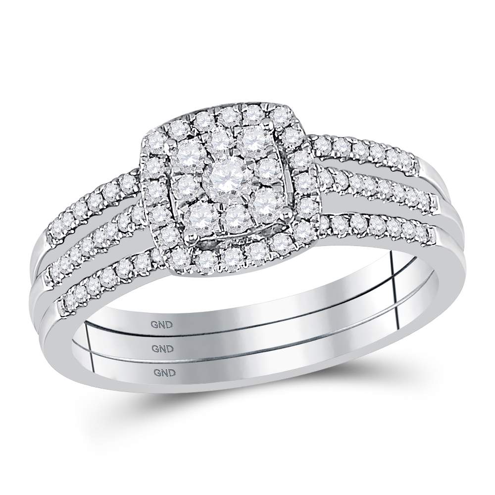10kt White Gold Womens Round Diamond 3-Piece Cluster Bridal Wedding Engagement Ring Band Set 1/2 Cttw