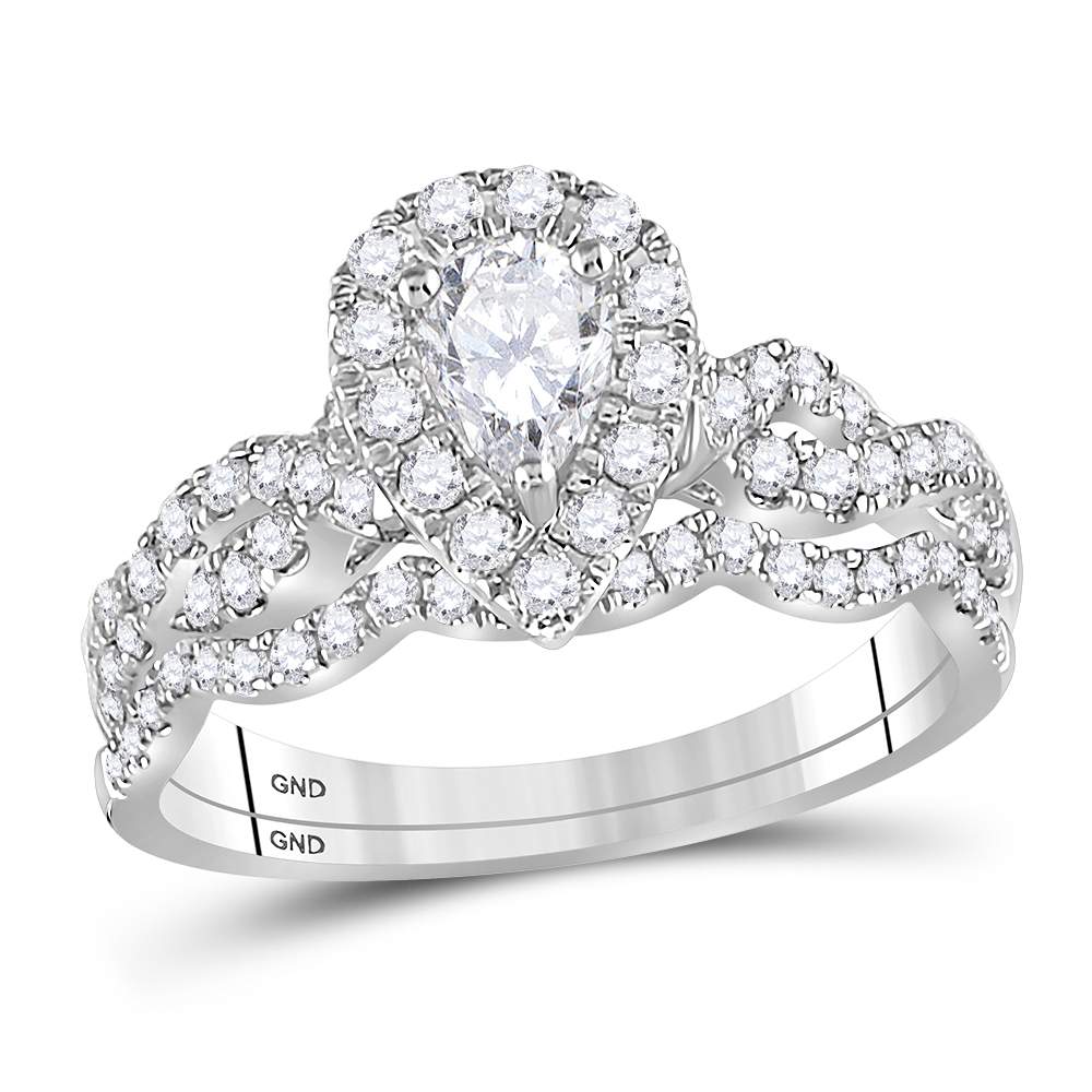14kt White Gold Womens Pear Diamond Twist Bridal Wedding Engagement Ring Band Set 1.00 Cttw
