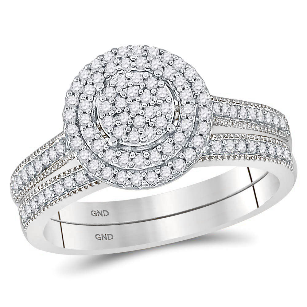 10kt White Gold Womens Round Diamond Cluster Milgrain Bridal Wedding Engagement Ring Band Set 1/3 Cttw