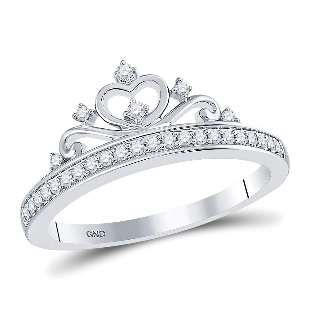 10kt White Gold Womens Round Diamond Crown Tiara Fashion Ring 1/6 Cttw