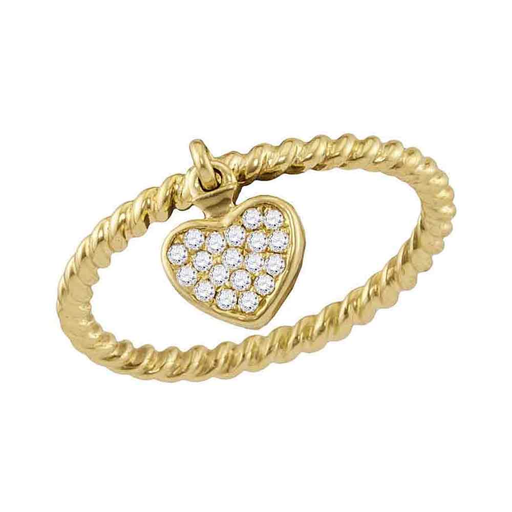 10kt Yellow Gold Womens Round Diamond Heart Dangle Rope Stackable Band Ring 1/10 Cttw