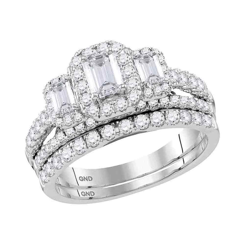 14kt White Gold Womens Emerald Diamond 3-Stone Bridal Wedding Engagement Ring Band Set 1-1/2 Cttw