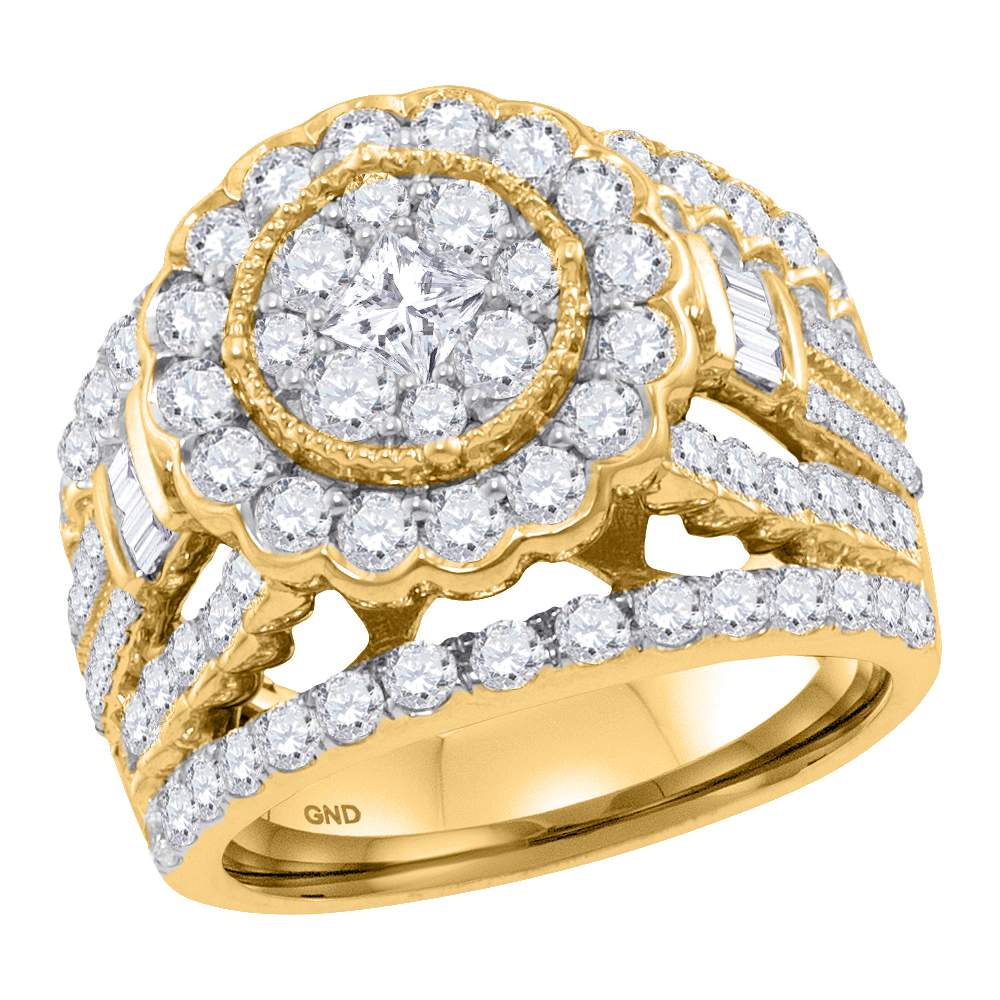 14kt Yellow Gold Womens Princess Diamond Flower Cluster Bridal Wedding Engagement Ring 3.00 Cttw