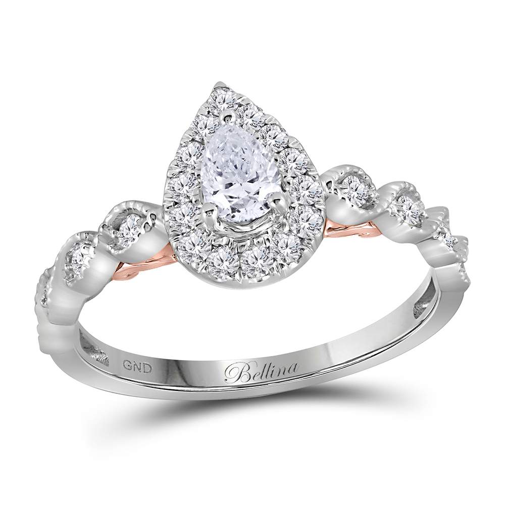 14kt Two-tone White Rose Gold Womens Pear Diamond Teardrop Bellina Bridal Wedding Engagement Ring 3/4 Cttw
