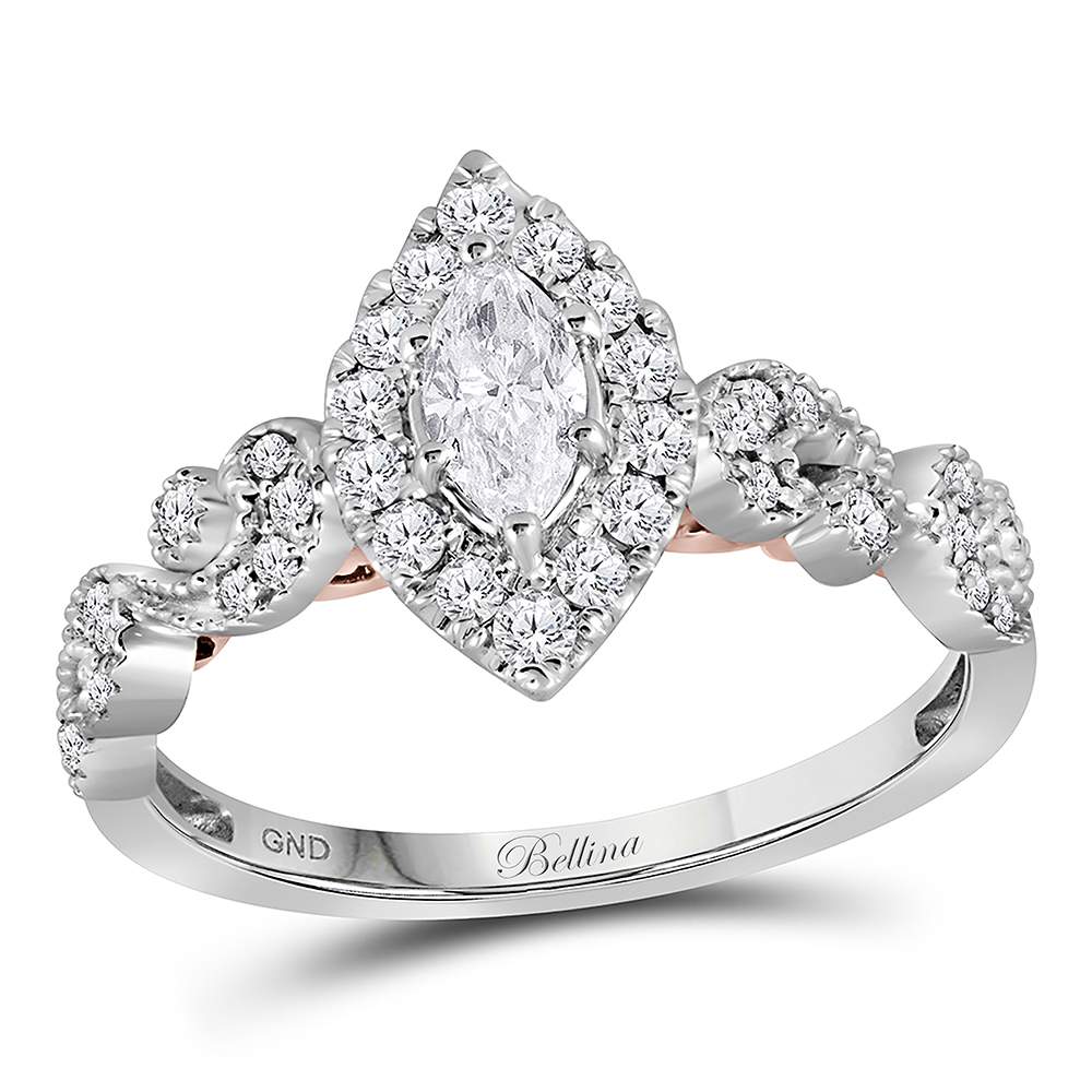 14kt Two-tone White Rose Gold Womens Marquise Diamond Solitaire Bellina Bridal Wedding Engagement Ring 3/4 Cttw