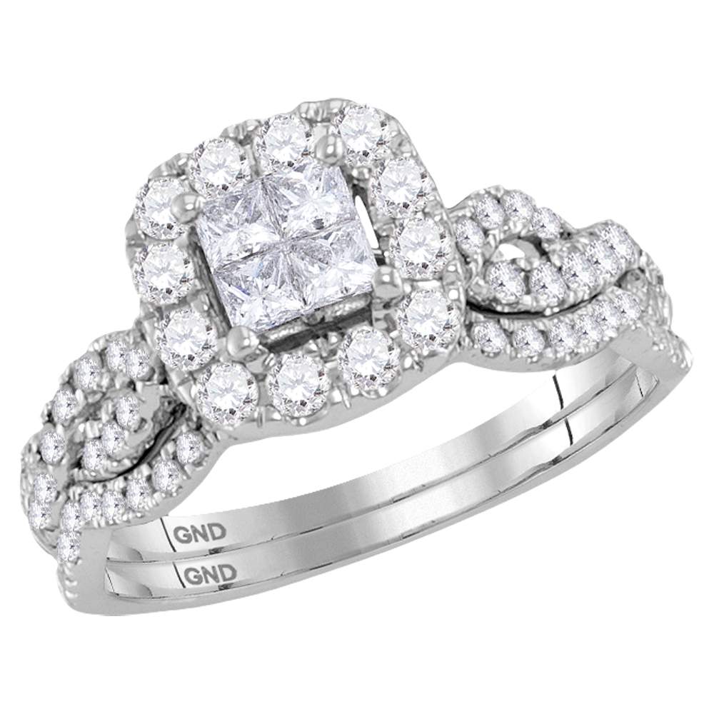 10kt White Gold Womens Princess Diamond Bridal Wedding Engagement Ring Band Set 1.00 Cttw