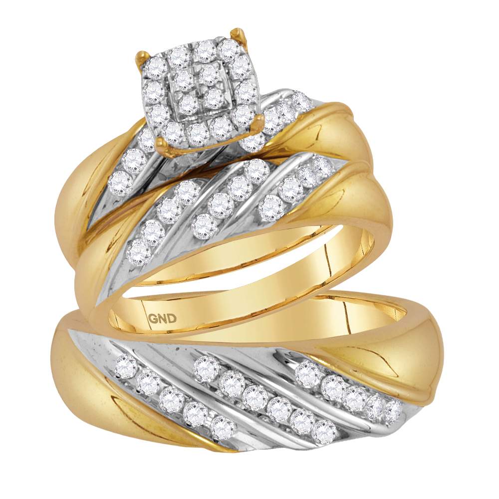 14kt Two-tone Gold His & Hers Round Diamond Cluster Matching Bridal Wedding Ring Band Set 1.00 Cttw