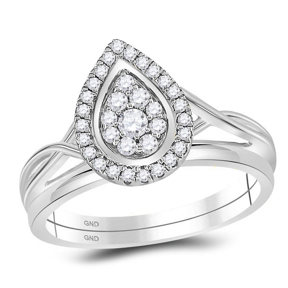 10kt White Gold Womens Diamond Teardrop Cluster Bridal Wedding Engagement Ring Band Set 1/3 Cttw