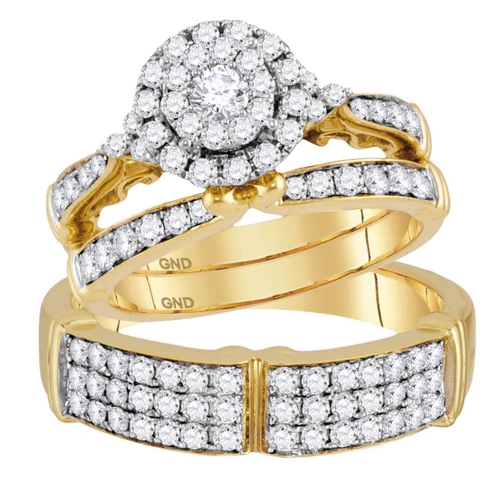 14kt Yellow Gold His & Hers Round Diamond Cluster Matching Bridal Wedding Ring Band Set 1-1/2 Cttw
