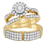 14kt Yellow Gold His & Hers Round Diamond Cluster Matching Bridal Wedding Ring Band Set 1-1/2 Cttw