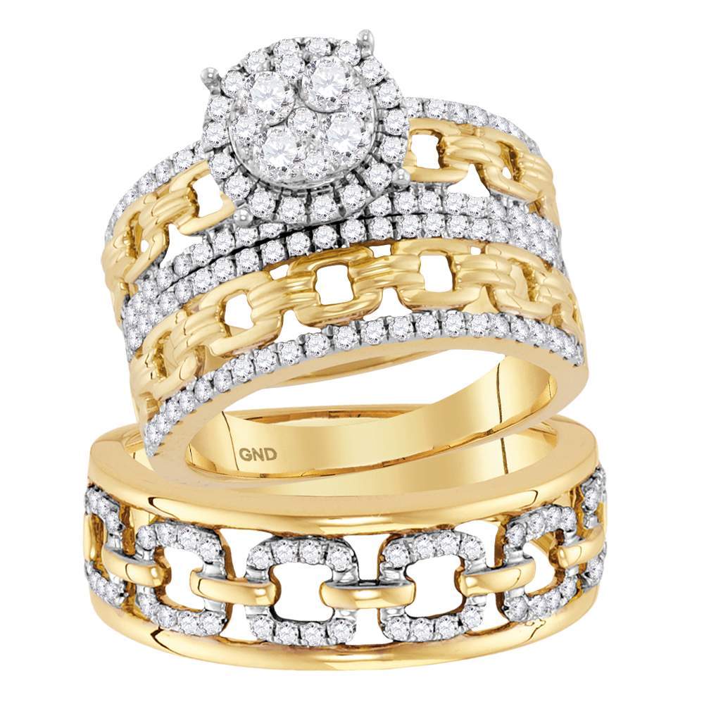 14kt Yellow Gold His & Hers Round Diamond Cluster Matching Bridal Wedding Ring Band Set 1-3/8 Cttw