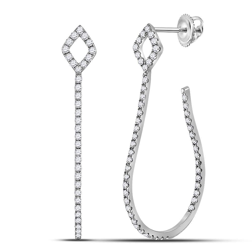14kt White Gold Womens Round Diamond Slender Hook Hoop Earrings 5/8 Cttw