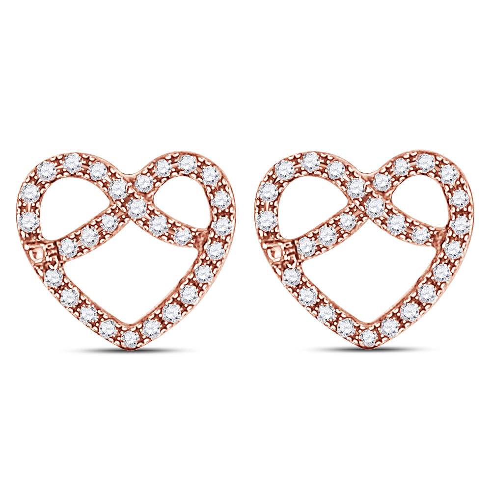 14kt Rose Gold Womens Round Diamond Pretzel Heart Stud Earrings 1/6 Cttw