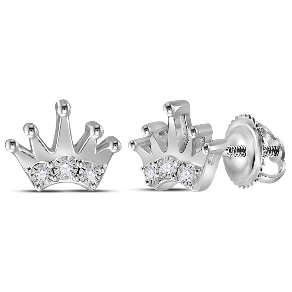 Sterling Silver Unisex Round Diamond Crown Stud Earrings 1/20 Cttw