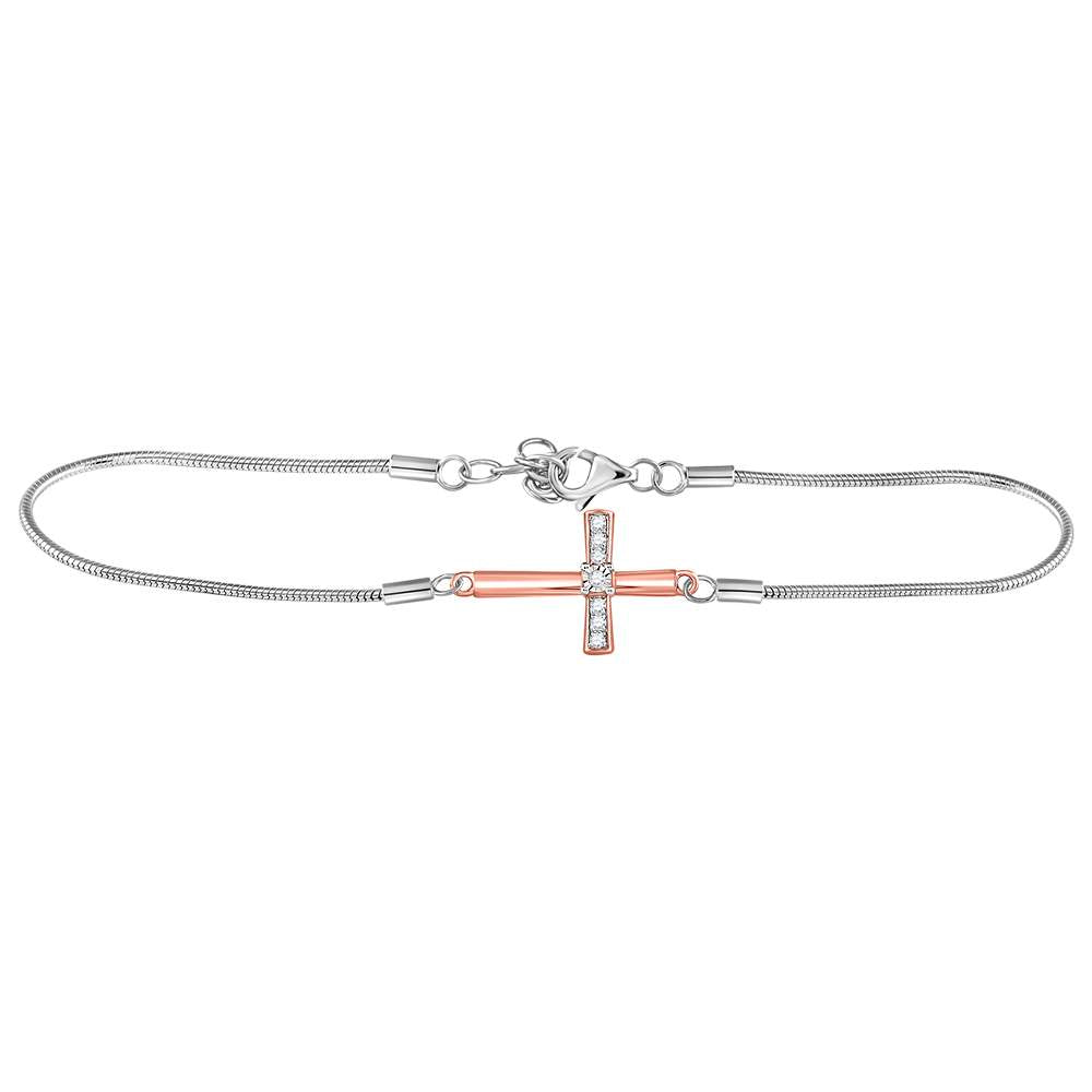 Sterling Silver Womens Round Diamond Horiztonal Cross Fashion Bracelet 1/12 Cttw