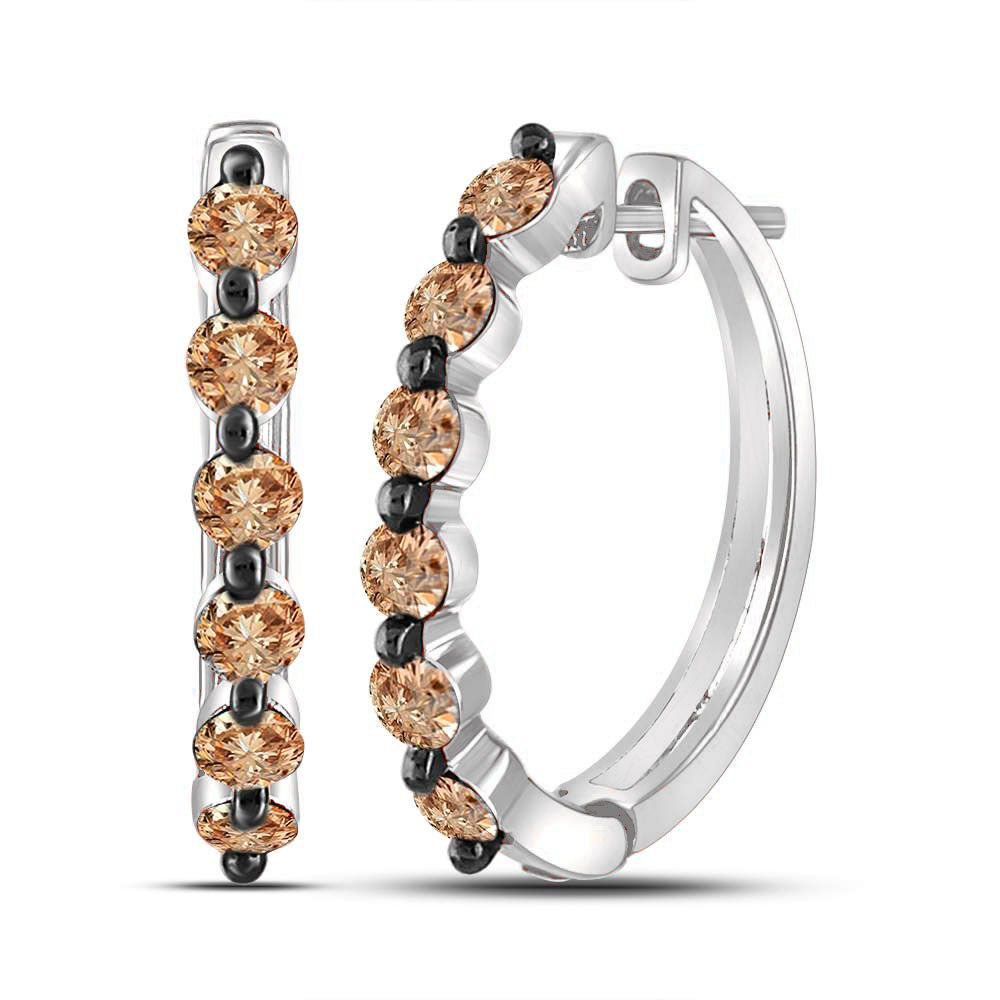 10kt White Gold Womens Round Brown Color Enhanced Diamond Hoop Earrings 1.00 Cttw