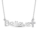 10kt White Gold Womens Round Diamond Believe Cross Necklace 1/20 Cttw