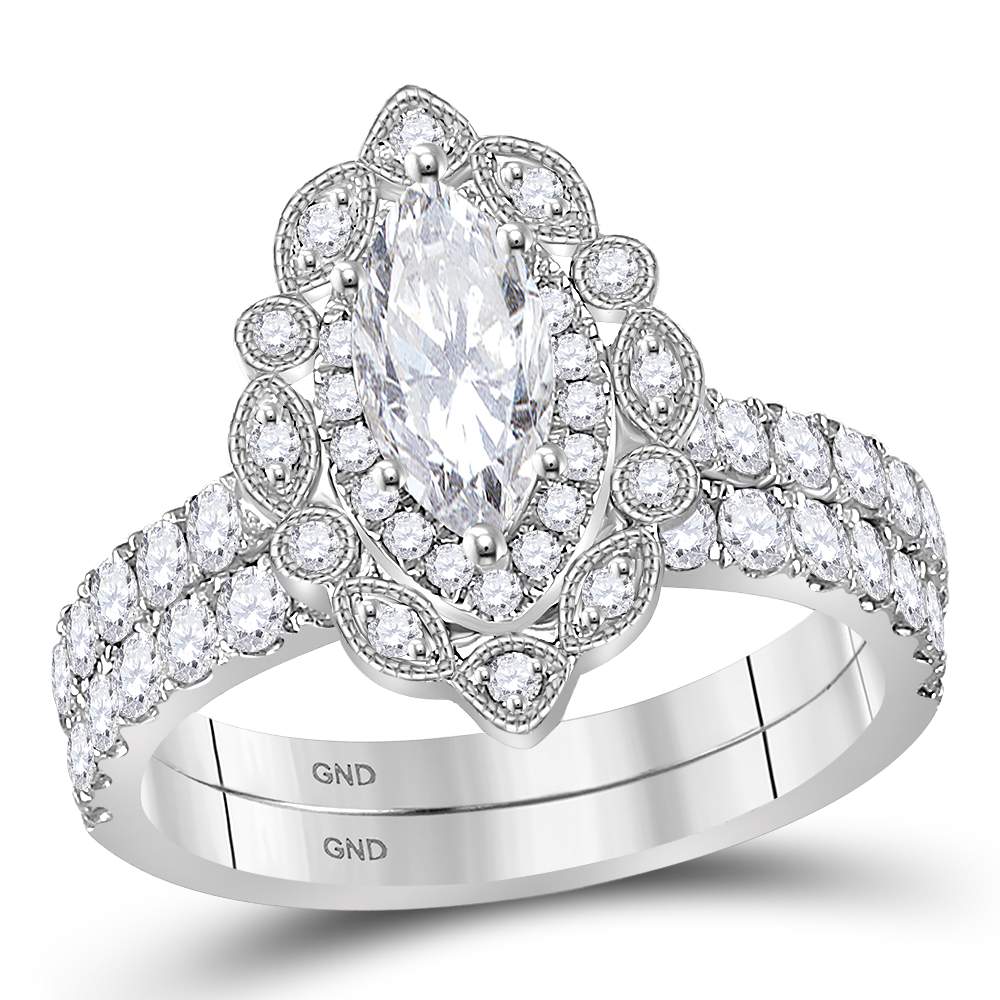 14kt White Gold Womens Marquise Diamond Bridal Wedding Engagement Ring Band Set 2.00 Cttw