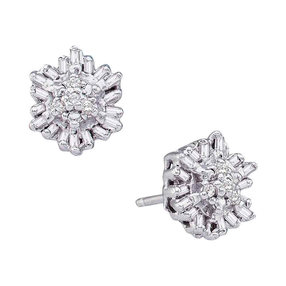 14kt White Gold Womens Round Baguette Diamond Cluster Stud Earrings 1/10 Cttw