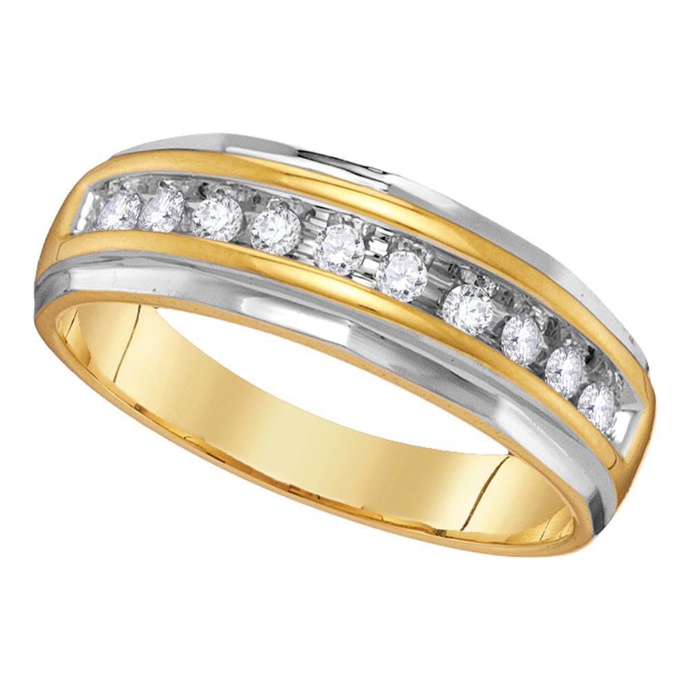 14kt Two-tone Yellow Gold Mens Round Diamond Single Row Grooved Wedding Band Ring 1/4 Cttw