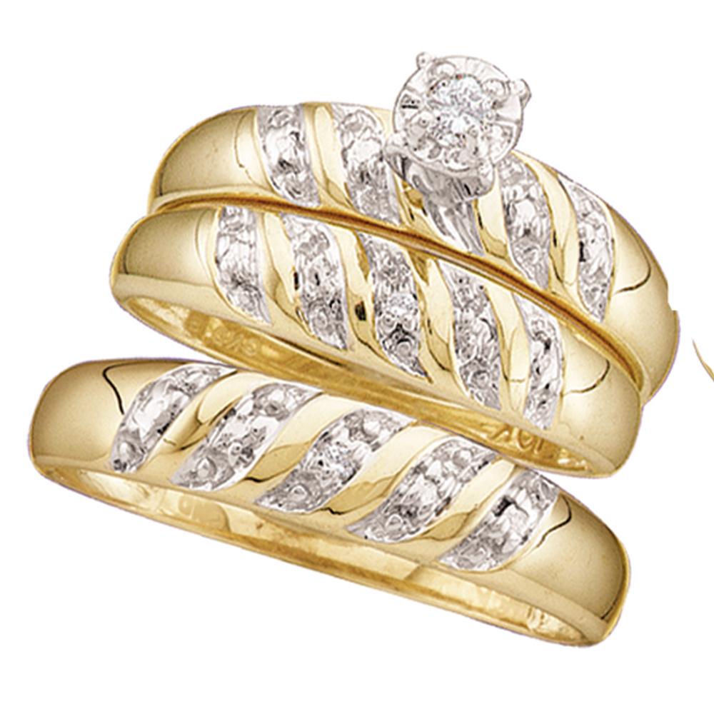 10kt Yellow Gold His & Hers Round Diamond Solitaire Matching Bridal Wedding Ring Band Set 1/12 Cttw