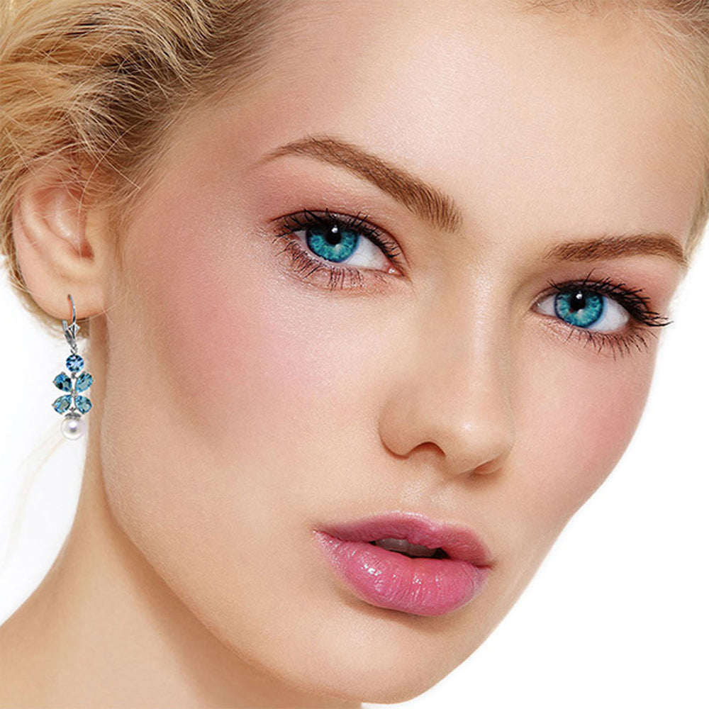 6.28 CTW 14K Solid White Gold Chandelier Earrings Blue Topaz pearl